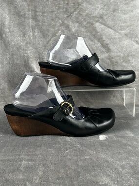 Bare Traps Mary Jane Clogs Womens 9.5 ? Black Leather Wedge Heel Bohemian Mules